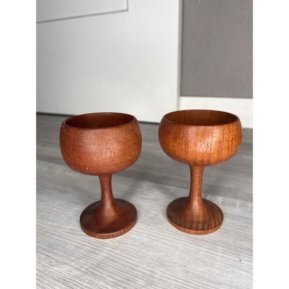 Vintage Teak Carved Stem Cups Mid Century Modern Set of 2 - Picture 5 of 10